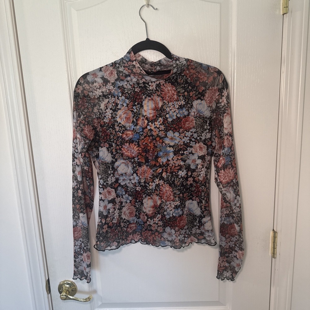 Sheer Floral Mesh Top L Dark Whimsigoth Fairy Grunge Y2K Long Sleeve Lettuce Hem